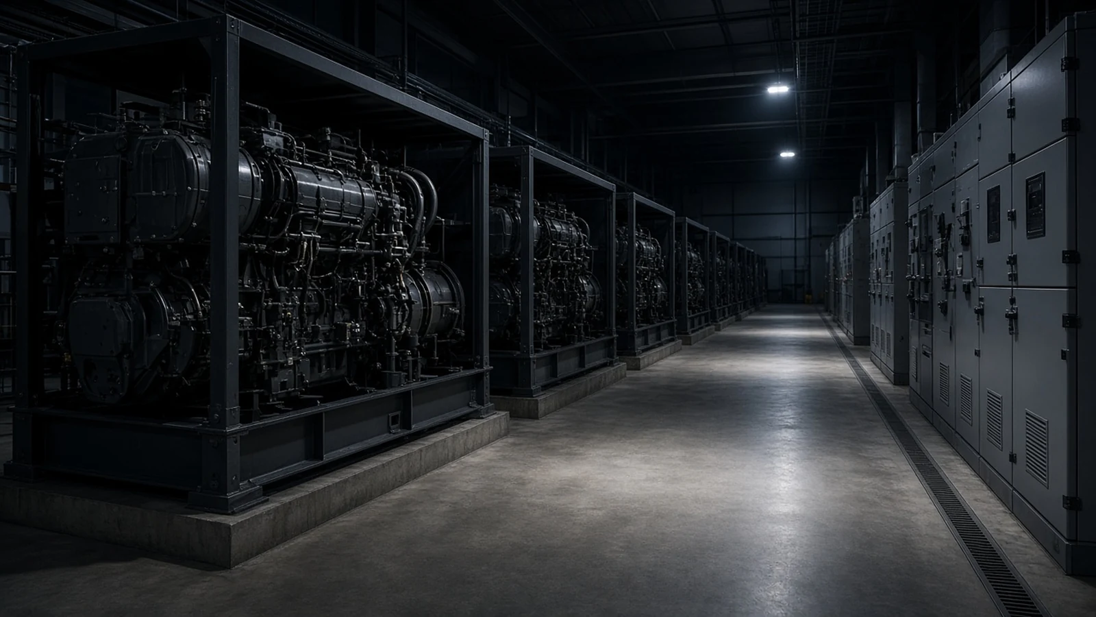 Darker genset hall with gas engines and switchgear for dispatchable power