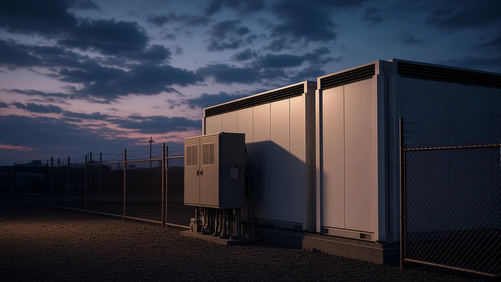 Darker islanded microgrid yard with BESS and control enclosure