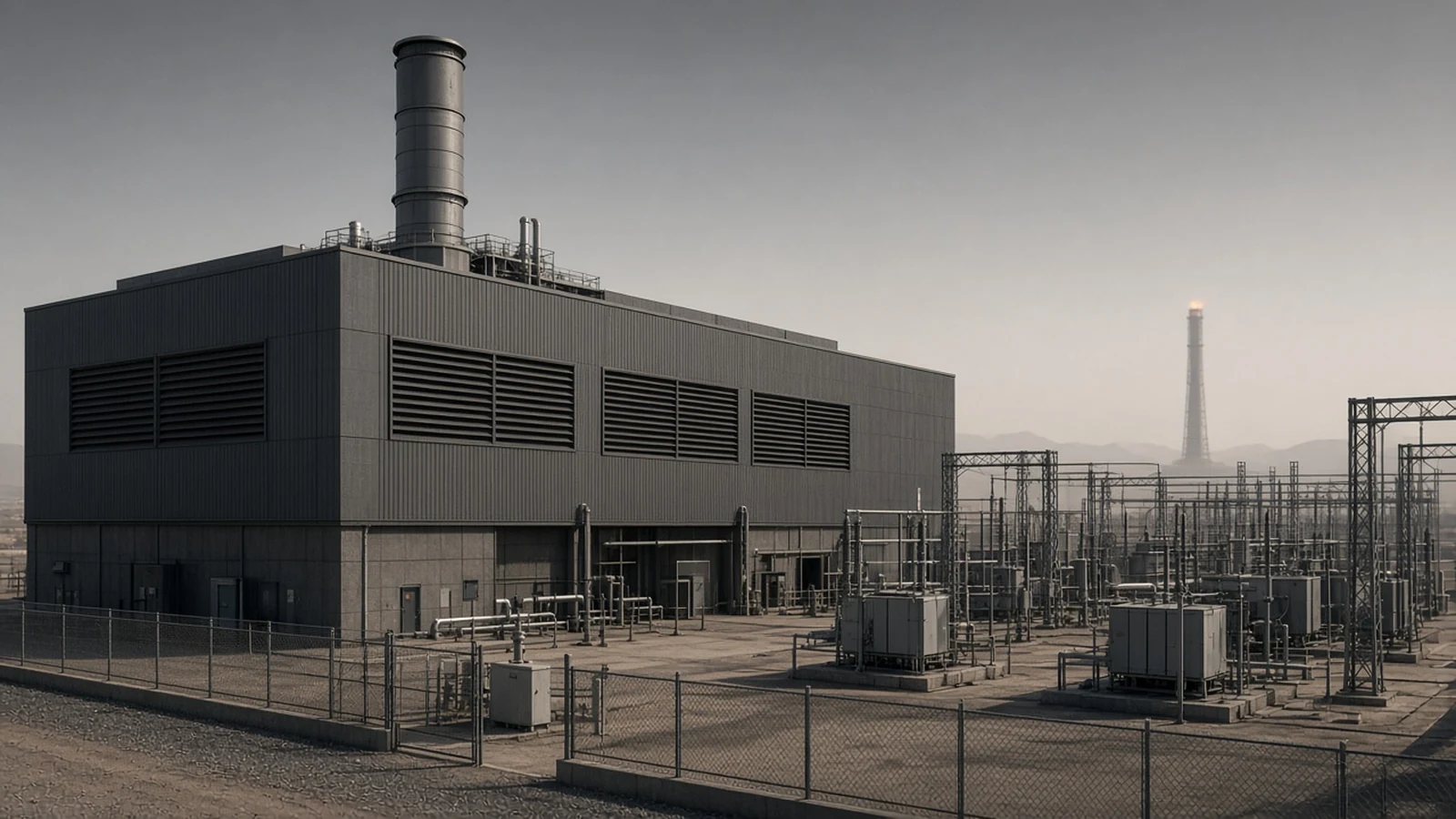 Gas-to-power industrial plant block with distant muted flare