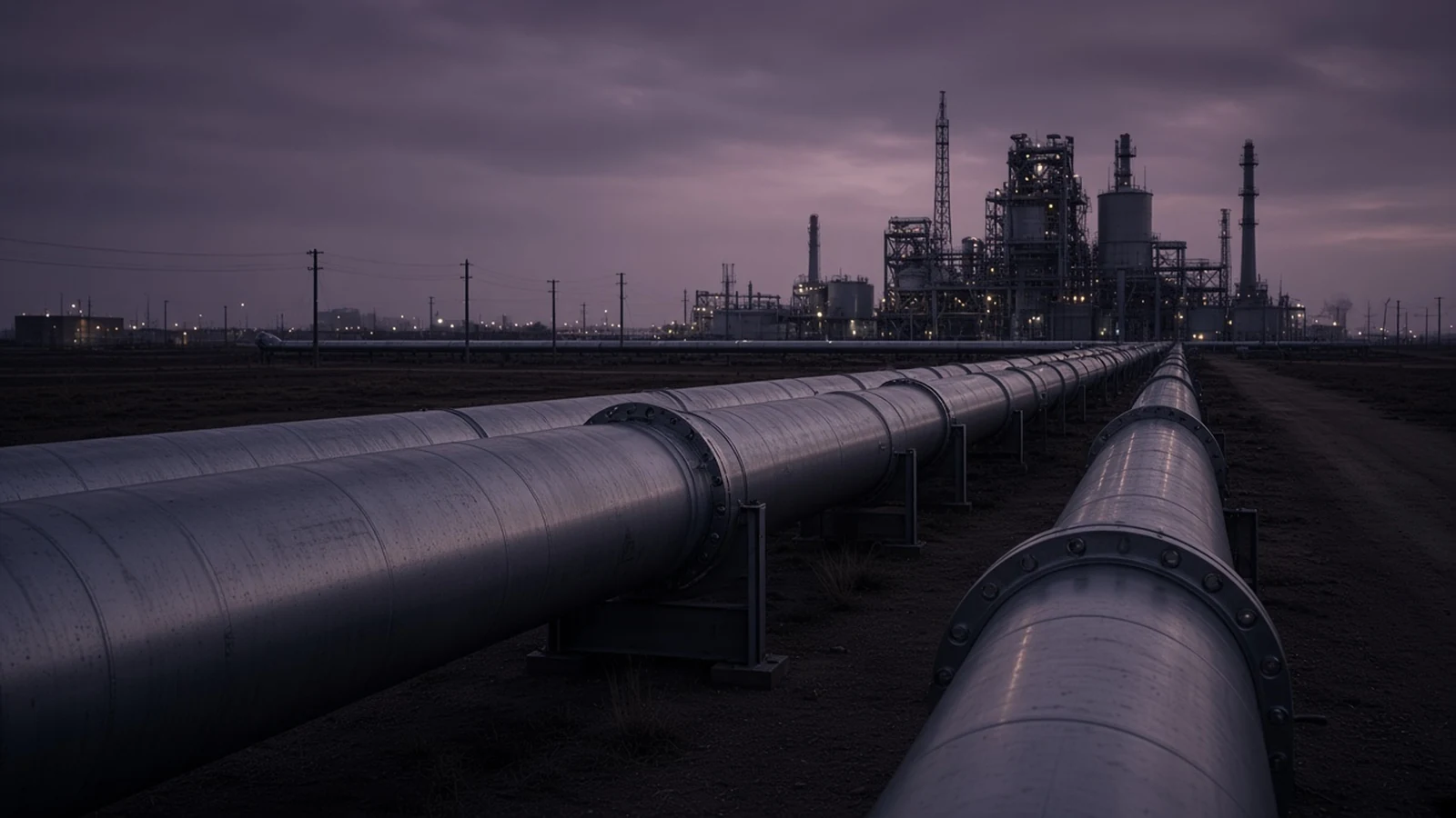 Pipeline corridor and compressor station at dusk for midstream continuity