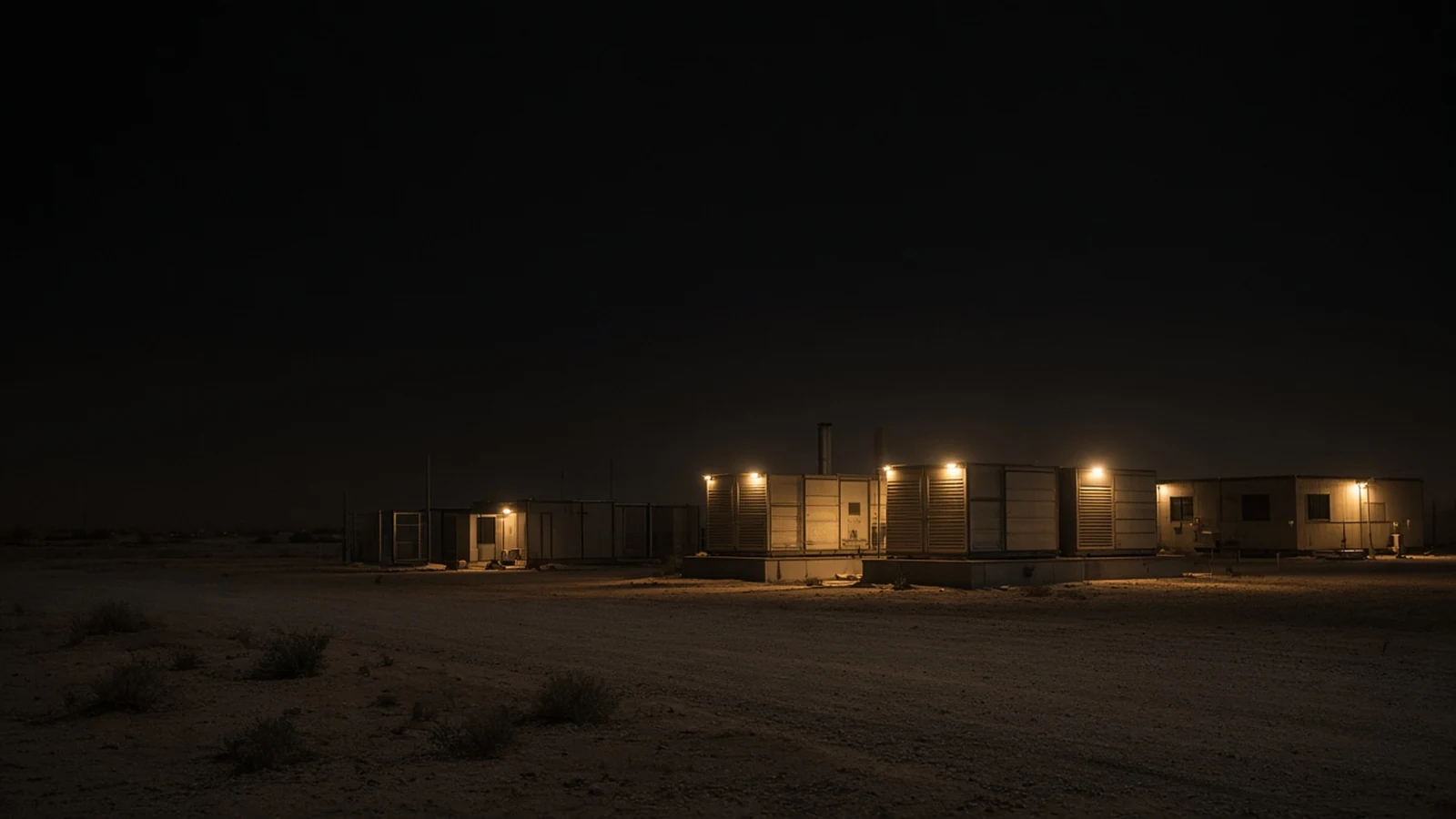 Isolated oilfield camp at night with generator lights under weak grid conditions
